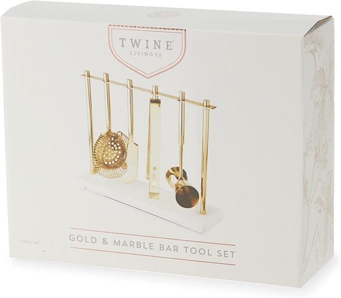 Twine Bar Tool Set Includes Hawthorne Strainer, Citrus Knife, Ice Tongs, Double Jigger with Marble Display Stand for Classic Cocktails and Cold Brew Drinks, Home Bar Cart Accessories, 4-Piece, Gold