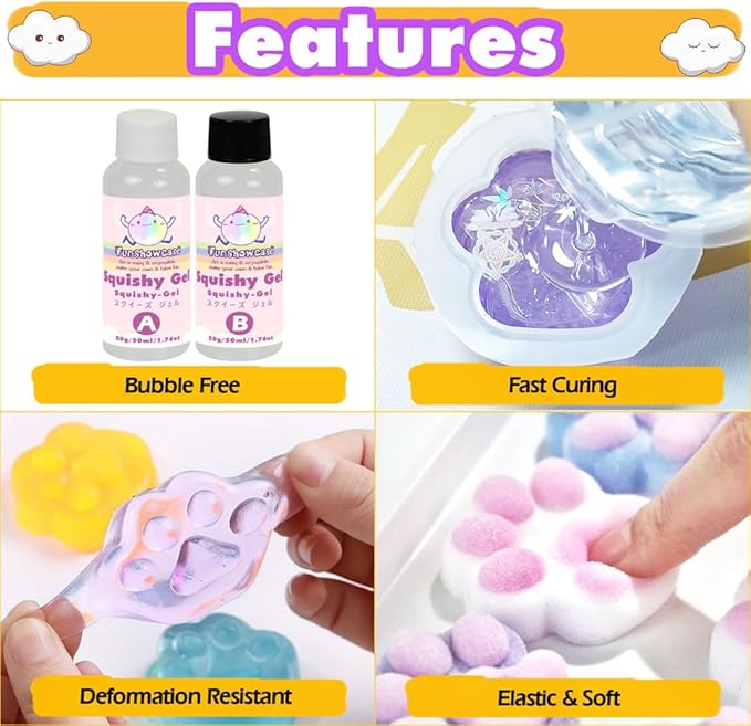 FUNSHOWCASE Taba Squishy Kit Set Liquid Gel+3" Paw Silicone Mold+Flocking