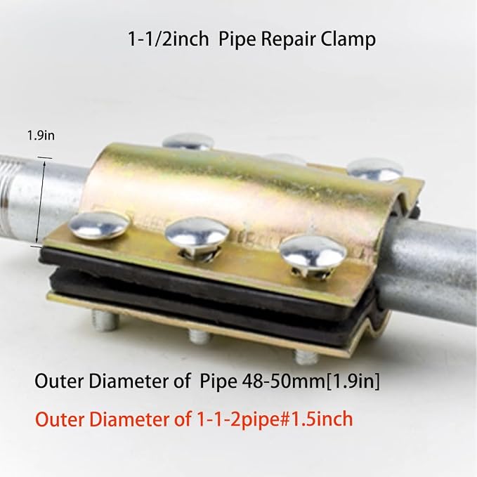 1 Pcs 1-1/2Inch Pipe Repair Clamp for About 1.89 Inch Outer Diameter, Water Pipe Leak Repair Clamp Kit for Plastic and Metal Pipes (PE/PVC/PPR/Steel/Iron)
