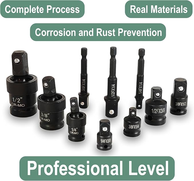 FUVONTA Impact Swivel Socket Adapter Set with Case - Universal Joint, Reducer & Drill Adapter (1/4" 3/8" 1/2") | CR-MO Steel for Automotive Repair, DIY Projects & Off-Road Emergencies (10 PC)