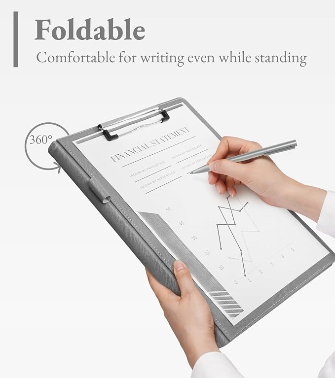 Zreal Padfolio Portfolio Binder with Clipboard & Card Holder, Faux Leather File Folder, Folio Resume Paper Organizer for A4 Letter Size Document, Legal Pad Holder for Women Man (Grey)