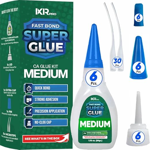 CA Glue Medium Viscosity Kit (6x1.75 oz.) Cyanoacrylate Glue, Super Glue for Everyday Repairs, Woodworking, Plastic, Ceramic, and DIY Crafts, Quick-Drying Multi-Purpose Adhesive with Easy Application