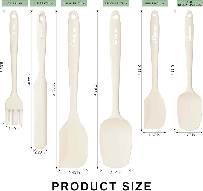 NileHome Silicone Spatula Set, 6 Pieces Food Grade Kitchen Utensils with Silicone Brush Heat Resistant Dishwasher Safe BPA-Free Rubber Spatula for Scraping, Baking, Cooking, Mixing-Ivory