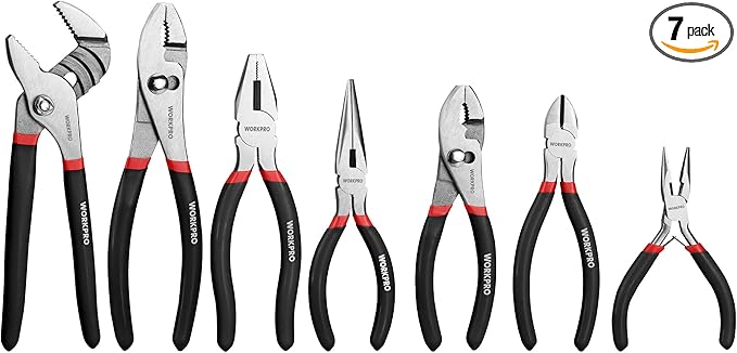 WORKPRO 7-piece Pliers Set with Groove Joint, Long Nose, Slip Joint, Linesman, and Diagonal Pliers for DIY & Home Use, Black