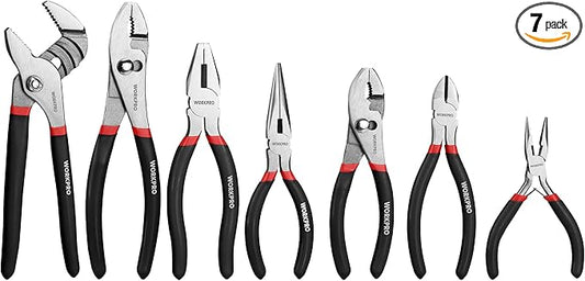 WORKPRO 7-piece Pliers Set with Groove Joint, Long Nose, Slip Joint, Linesman, and Diagonal Pliers for DIY & Home Use, Black