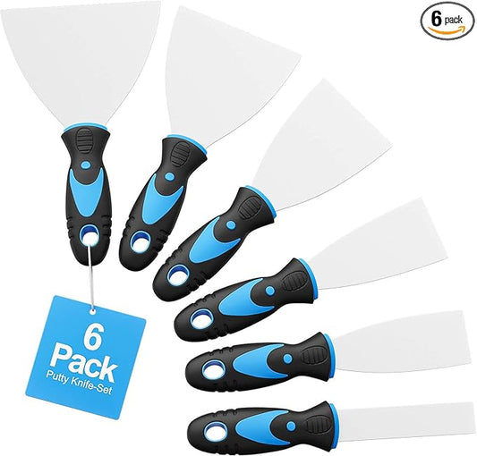 6 Pack Putty Knife Set – Stainless Steel Spackle & Paint Scrapers (1", 1.5", 2", 3", 4", 5") | Flexible Metal Scraper Tools for Drywall Repair, Wallpaper Removal, Plaster & Adhesive