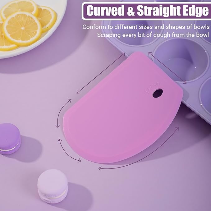 Silicone Dough Scraper with Stainless Steel Sheet, Curved Edge Flexible Bowl Scraper for Baking, Food Grade Silicone Bench Scraper for Sourdough Bread Proofing Basket, Set of 2, Gray & Purple, SAPID