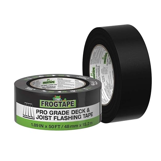 FrogTape Pro Grade Deck and Joist Flashing Tape - 2 Inch Width (1.89 in. x 50 ft) - All Weather & UV Resistant Linerless Tape for Decking, Wood, Beams with Advanced Acrylic Adhesive - 13 mils - Black