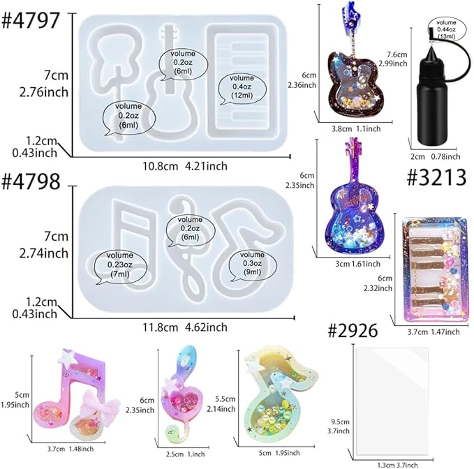Resin Shaker Molds Set Music Keychain Charm Pack of 8 Silicone Trays Seal Films Precision Tip Applicator Bottle Kits Bundle