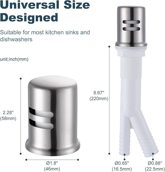 Dishwasher Air Gap Cover, Dishwasher Air Gap Cap for Kitchen Sink, Solid Brass Dishwasher Overflow Vent Cap Replacement Kit, Brushed Stainless Steel