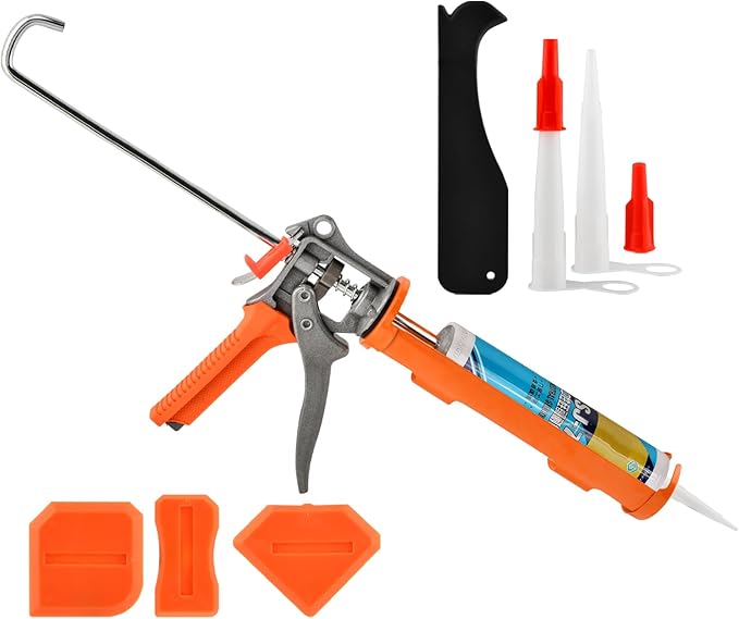 Caulk Gun and Caulk Scraper Kit, Caulking Gun with Caul-k Remover Tool, Sealant Finishing Tool Grout Scraper for Caulking/Filling/Sealing(COLOR:Orange)