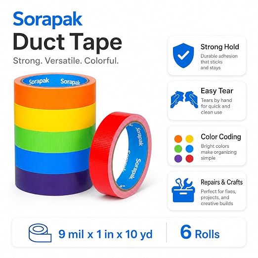 Colored Duct Tape 6 Rolls, 1 in x 10 yd, Rainbow Tape for DIY Crafts | Strong Adhesive, Easy Tear, Waterproof for Packing, Repairs, Color Coding, Home, School & Office