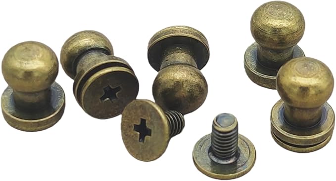 Denailey 12 Sets Solid Brass Round Head Button Stud Screw Leather Rivet Chicago Screws Button Rivets for Leather Craft Belt Wallet Handbag Repairs Decoration (Round Head Size 6mm, Antique Brass)