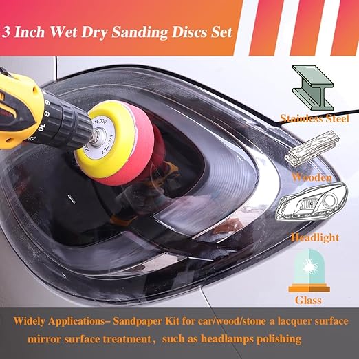 134Pcs Sandpaper 3Inch Sanding Disc Drill Polishing Kit, Wet Sanding Paper Headlight Restoration Kit, 60-10000Grit Hook & Loop Sandpaper Set for Car Wood Metal Glass Resin Expoxy
