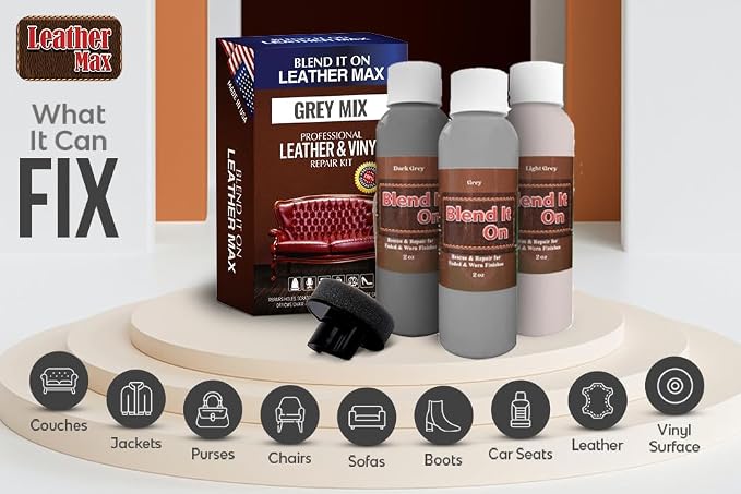 Blend It On Extra Large Leather Repair Kit, 6 Full Ounces for Furniture, Jacket, Sofa, Car Seat, Boots, Easy Instructions to Match Colors, Restore Any Material No Mixing Chart Needed (Grey Mix)