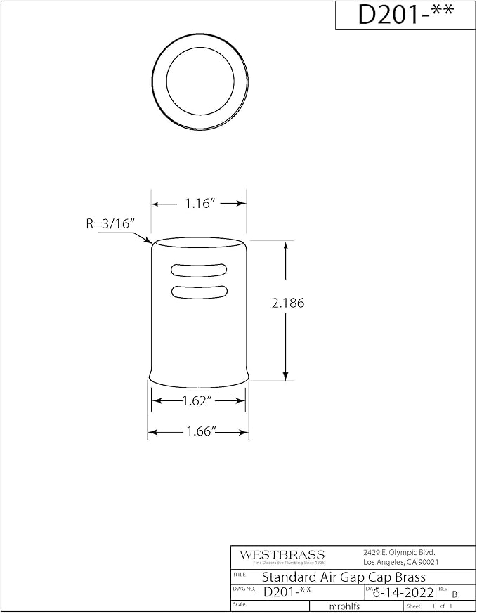 Westbrass D201-100-01 1-5/8" x 2-1/4" Solid Brass Air Gap Cap Only, Non-Skirted, Polished Brass (100-Pack)