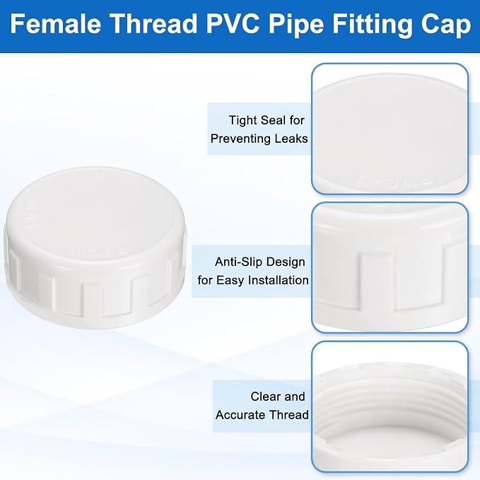 uxcell 5Pcs 1-1/2 Inch PT Female Thread PVC Pipe Fitting Cap, Cleanout Water Drain End Caps, Pipe Plug Socket Fittings with Tape for Water Heater Supply Lines, Plumbing, White