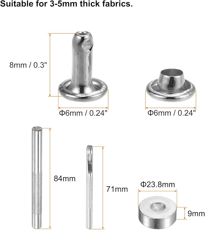HARFINGTON 100 Sets Leather Rivets 8 x 6mm Metal Double Cap Rivet Snaps Studs Fasteners with 3pcs Setting Tools Rivets for Leather Craft DIY Repair Decoration, Silver Tone