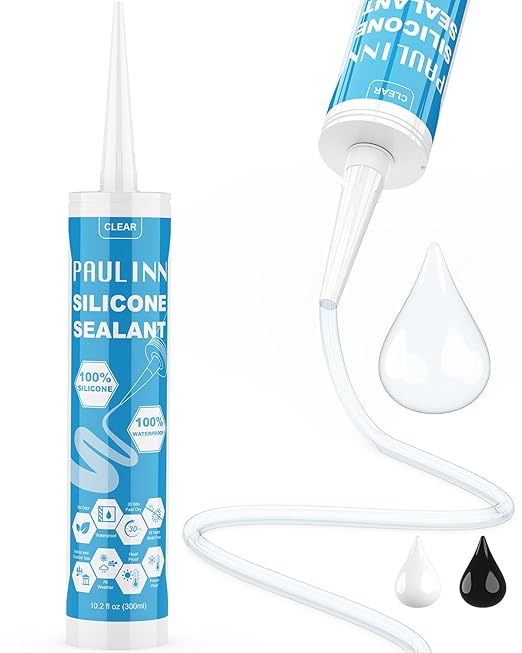 PAULINN Silicone Sealant, 100% Silicone Caulk Clear Waterproof for RV, Kitchen, Bath, General Use, Window, Door, Glass, Marine, 10.2 Oz, 1 Pack