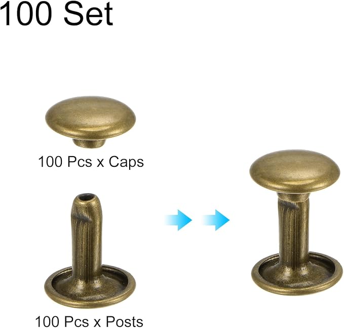HARFINGTON 100 Sets Double Cap Leather Rivets, 9x10mm Round Cap Tubular Metal Studs Leather Crafting Rivets for Fabric Belt Pet Collar Boot Bag Repair and Decoration, Bronze