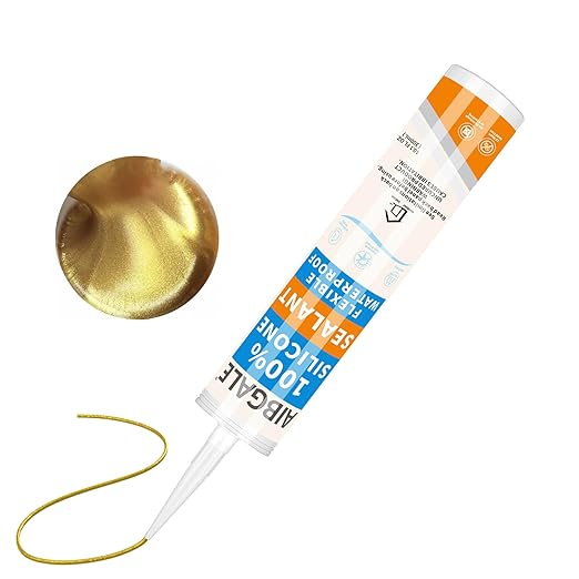 RTV Silicone Sealant Waterproof Gold Glitter, 100% Silicone Caulk Sparkling Gold, All Purpose Silicone Adhesive Caulking for RV, Roof, Door, Kick Plates and Vintage Furniture, 10.1 Oz