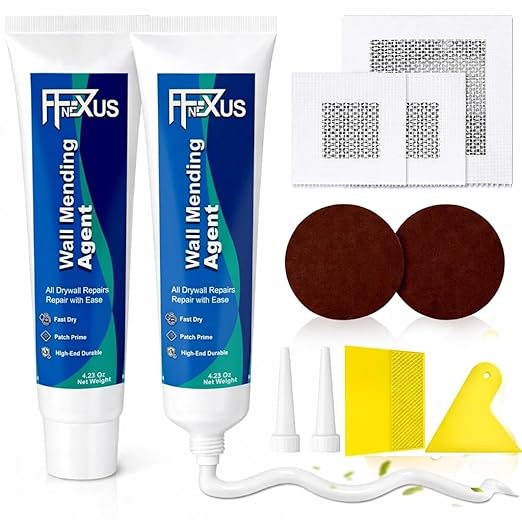 Drywall Repair Kit – 2 × 4.23 oz Fast Dry Putty Tubes with 2×2″ & 4×4″ Wall Patch Mesh, Dual Scrapers & 2 Sandpapers | Quick-Dry Spackle & Sheetrock Crack Filler for Wall, Ceiling & Plaster Repair
