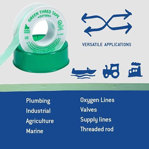 Gasoila Green PTFE Thread Seal Tape – Professional-Grade, 1/2 Inch x 260 Inch, High-Density Thread Tape for Oxygen Lines – Leak-Proof Seal, Non-Toxic, 3 Pack