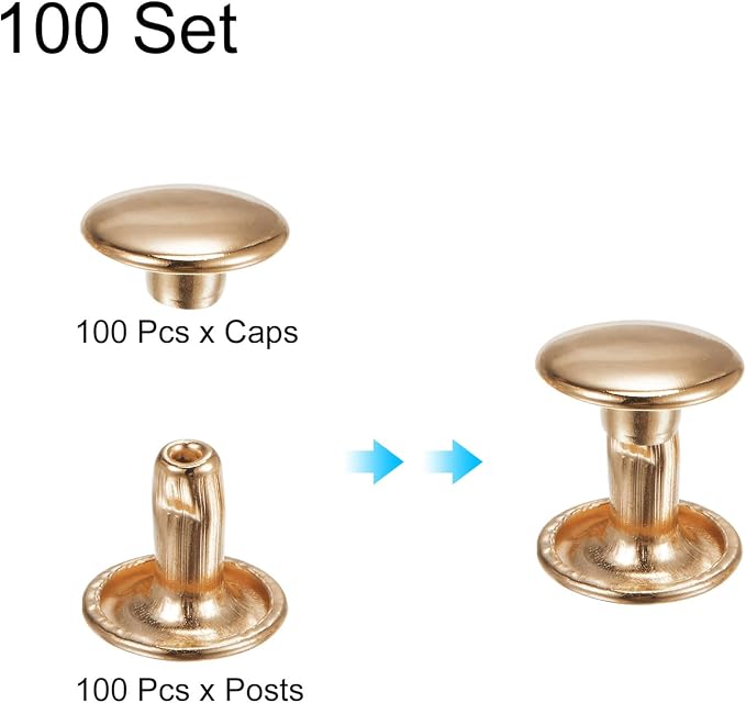 HARFINGTON 100 Sets Double Cap Leather Rivets, 9x8mm Round Cap Tubular Metal Studs Leather Crafting Rivets for Fabric Belt Pet Collar Boot Bag Repair and Decoration, Light Gold