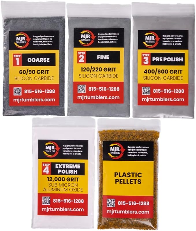 Rock Tumbler Grit Kit Refill with 12,000 Grit Polish, Silicon Carbide & Aluminum Oxide, Stone Polishing Kit with Plastic Pellets for 3lb Rotary & Vibratory Tumblers