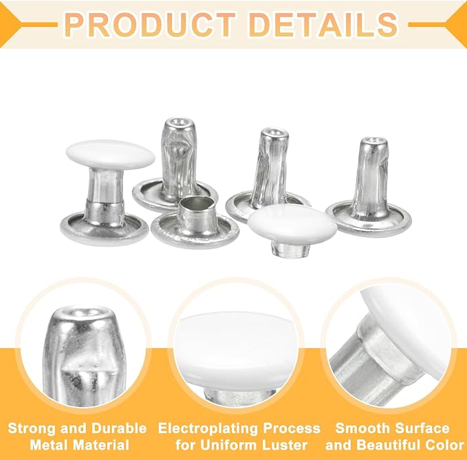 uxcell 120Set Leather Rivets, 8mm Double Cap Rivet Tubular Metal Studs Repairs Decoration Craft Accessories for Repair Decorate Leather Craft Belt Bag Shoes Purse Belts, White