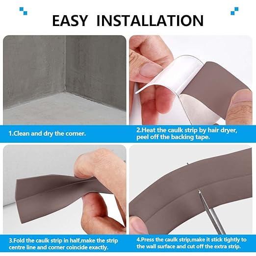 Bath & Kitchen Caulk Tape Sealant Strip, PVC Self-Adhesive Tub & Wall Sealing Tape, Shower Tile Sealer (Brown)