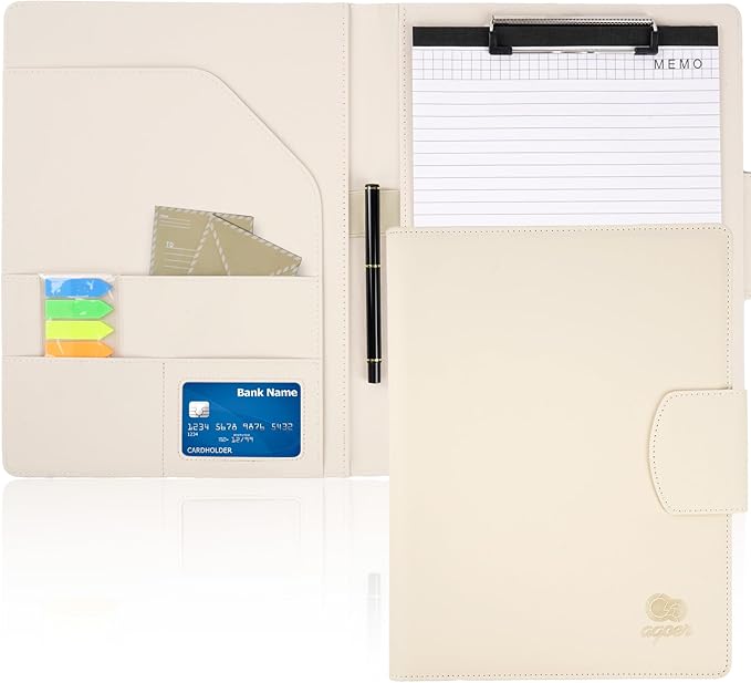 Leather Document Clip Board DIN A4, All-in-One Business Conference Folder Organizer with Magnetic Cover, Sticky Tabs, Pen, Work Folio for Women & Man, Beige