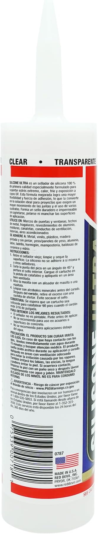 Red Devil 0787 Silicone Ultra 100% RTV Silicone Sealant, 10.1 oz., Clear, 1 Pack