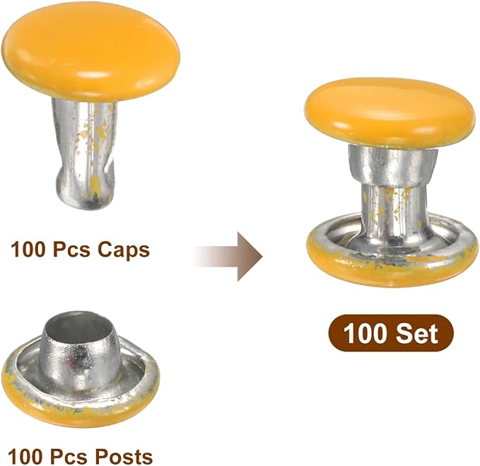 HARFINGTON 100 Sets Double Cap Leather Rivets, 6x6mm Round Cap Tubular Metal Studs Leather Crafting Rivets for Fabric Belt Pet Collar Boot Bag Repair and Decoration, Yellow