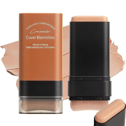 Flawless Face Foundation Stick,2-in-1 Long-Lasting Concealer Foundation Stick with Brush,Multi-Use Creamy Makeup for Dark Circles & Blemishes,Waterproof Thin Contour Sticks for Face Makeup (04#Wheat)