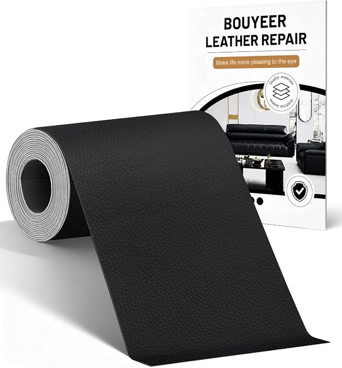BOUYEER Leather Repair Patch Tape Kit,Self Adhesive Leather Repair for Sofa，Car Seat,Office Chair,Furniture,Jacket,Waterproof Strong Adhesive Vinyl Repair Kit. 4 in x 79 in,Black