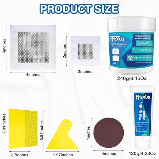 Drywall Repair Kit – 4.23 oz Tube + 8.47 oz Putty Jar with 2×2″&4×4″ Wall Patch Mesh, Dual Scrapers & 2 Sandpapers| Fast-Dry Spackle & Sheetrock Crack Filler for Wall, Ceiling, Plaster Repair