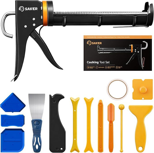 Saker Manual Caulk Gun Kit, Caulking Gun with 11-in-1 Caulking Tool Set, Sealant Finishing Tools and Grout Scrapers for Bathroom, Kitchen and Home Repair