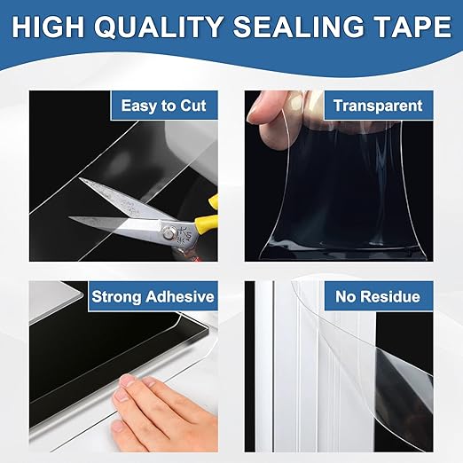 Transparent Window Weather Sealing Tape 2IN x 66 FT Draft Isolation No Residue Removable Adhesive Waterproof Windows Doors Shower Glass AC Units Ideal for Winter Seal & Summer Cold Air Loss Prevention