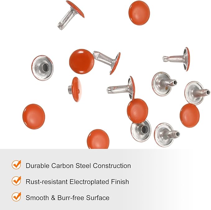 HARFINGTON 100 Sets Double Cap Leather Rivets, 10x10mm Round Cap Tubular Metal Studs Leather Crafting Rivets for Fabric Belt Pet Collar Boot Bag Repair and Decoration, Orange