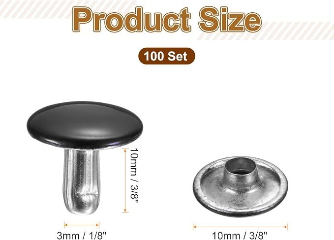 HARFINGTON 100 Sets Double Cap Leather Rivets, 10x10mm Round Cap Tubular Metal Studs Leather Crafting Rivets for Fabric Belt Pet Collar Boot Bag Repair and Decoration, Black