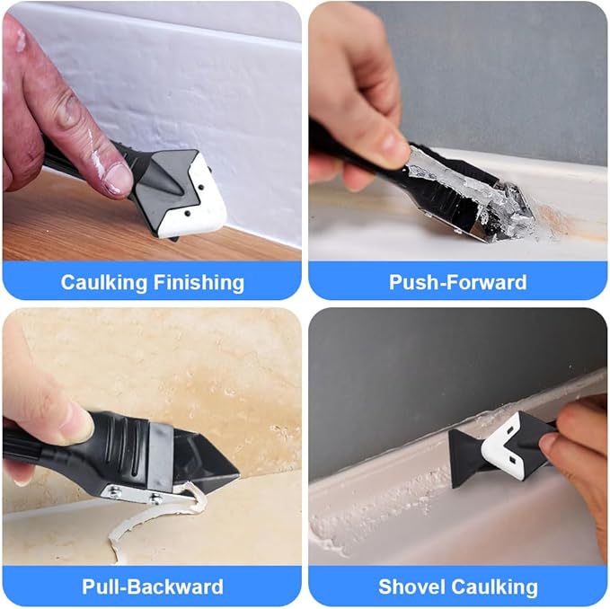 Multifunction Caulking Tool Kit - 9-in-1 Glue Remover Knife, Silicone Scraper with 5 Replaceable Pads for Corner, Angle, Crevice, Grout & Beauty Spatula Sealant Finishing Tool