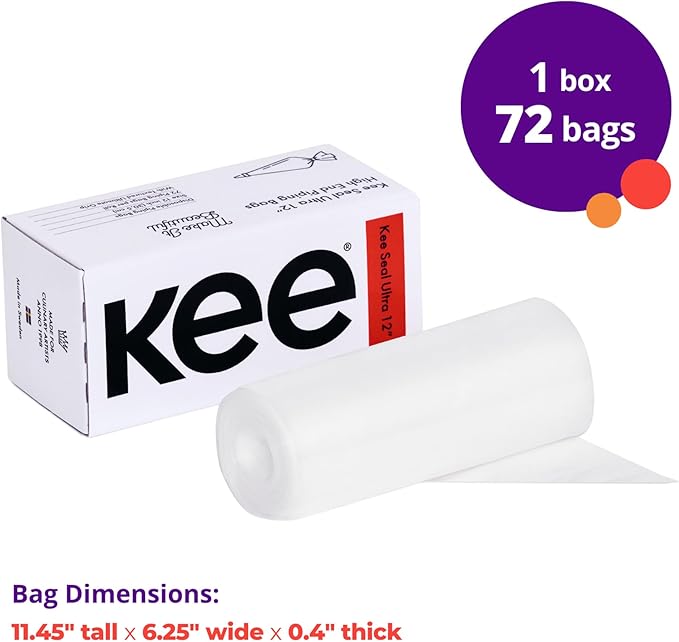 Kee Seel Ultra Disposable Pastry Bags, Piping Bag with Textured Non Slip Outer Surface, Smooth-Flow Interior, Easy Tear Perforation, Convenient Dispenser Box, 12-Inch, Clear - 72 Pack