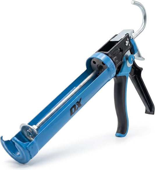 OX 10 oz Caulk Gun No Drip On-Off Switch - Dual Thrust 25:1 or 12:1 Switch - Adhesive Gun with Spout Cutter and Seal Punch OX-T046504