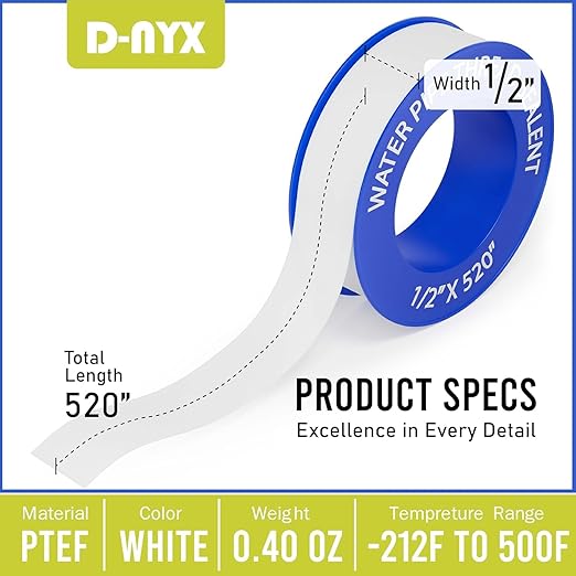 D-NYX Teflon Tape 4 Rolls 1/2 Inch(W) X 520 Inches(L) Teflon Duct Sealant Tape for Shower Head, Plumbing Thread Tapes, Water Pipe Sealing Plumbers PTFE Thread Seal, Pipe Dope Plumbers Accessories