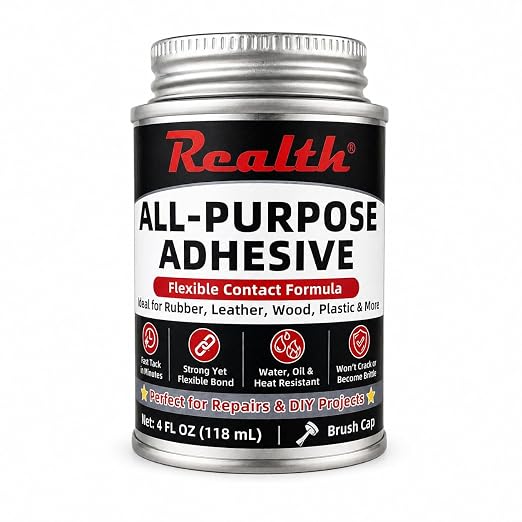 Realth All Purpose Adhesive 4 oz Brush Can Strong Flexible | Contact Cement Repair Glue for Leather, Rubber, Neoprene, Plastic & Wood, Fast Drying