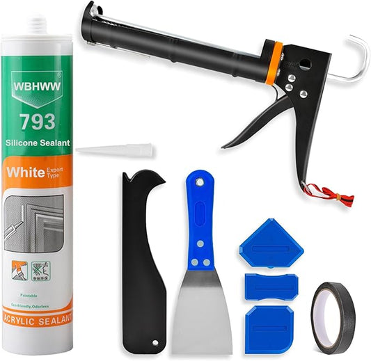 Professional Caulk Gun Kit, White Silicone Sealant + Caulk Gun + Caulking Tool Kit - All-Purpose 100% Silicone Caulk (10 oz Tube), with Caulk Gun, Smoothing Tool, Scraping Tool and Masking Tape