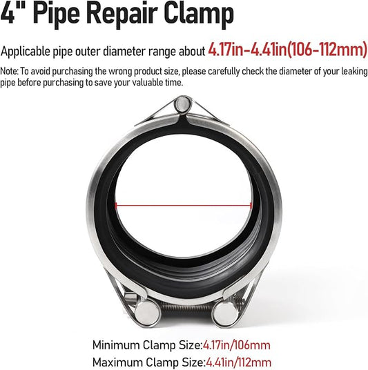 Upgraded Pipe Repair Clamp with M1 Self-Adhesive Leak-Sealing Tape | 304 Stainless Steel Rust-Proof Emergency Pipe Repair Kit for Plastic & Metal Pipes, 4"(106-112mm)