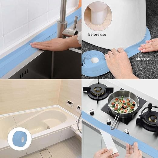 Bath & Kitchen Caulk Tape Sealant Strip, PVC Self-Adhesive Tub & Wall Sealing Tape, Shower Tile Sealer (Blue)