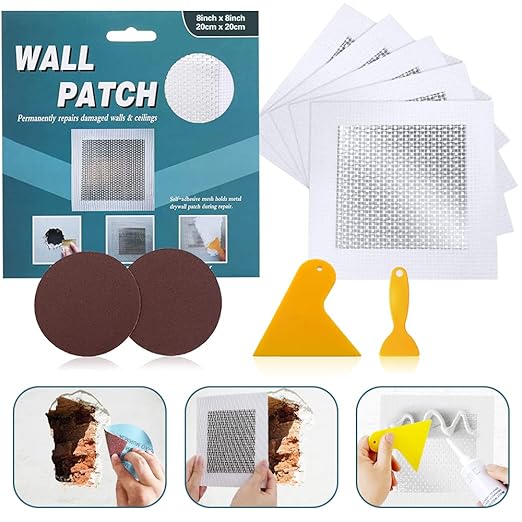 8'' by 8'' Wall Repair Patch, 5 Pcs Plasterboard Patch, Plaster Repair Kit, Safe Mend Plaster, Safemend Drywall Repair Adhesive, Filler for Walls Ceiling Hole, Self Adhesive Aluminum Mesh Wall Repair